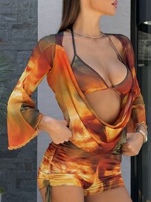 Sindi Myftari 女士三件套橙黄夏季波西米亚风沙滩俱乐部斑马纹透视网纱露背垂褶领上衣、文胸和褶皱短裤比基尼套装 - 彩色 - 查看 3