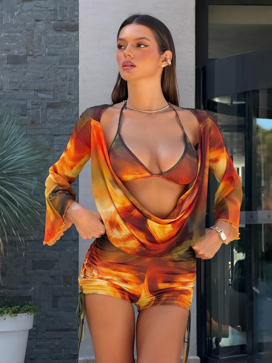 Sindi Myftari 女士三件套橙黄夏季波西米亚风沙滩俱乐部斑马纹透视网纱露背垂褶领上衣、文胸和褶皱短裤比基尼套装 - 彩色 - 查看 1