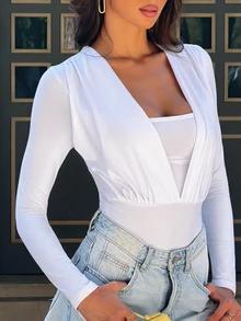 Sindi Myftari Women's Elegant White Autumn Deep V Pleated Chest 2 In 1 Long Sleeve Bodysuit, Night Out Spring Summer Fashion Outfits - White - View 4