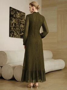 Arave 女款修身A字長洋裝，蕾絲雪紡高領鈕扣拼接荷葉邊燈籠袖，優雅復古正式晚宴裙，橄欖綠素色，秋季 - 軍綠色 - 查看 4