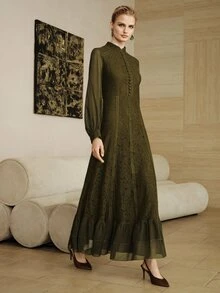 Arave 女款修身A字長洋裝，蕾絲雪紡高領鈕扣拼接荷葉邊燈籠袖，優雅復古正式晚宴裙，橄欖綠素色，秋季 - 軍綠色 - 查看 2