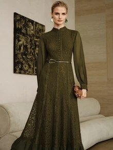 Arave 女款修身A字長洋裝，蕾絲雪紡高領鈕扣拼接荷葉邊燈籠袖，優雅復古正式晚宴裙，橄欖綠素色，秋季 - 軍綠色 - 查看 5