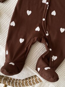 SHEIN 2pcs Newborn Baby Girl Footie Romper Cute Sweet Brown Heart Print Ruffle Long Sleeve Round Neck Regular Birthday Winter Princess Ballet Bow Headband - Coffee Brown - View 4