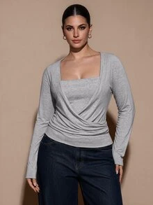 SHEIN BAE CURVE Plus Size Women's Grey Pleated Long Sleeve 2 In 1 Casual T-Shirt Fall - Grey - View 3