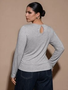SHEIN BAE CURVE Plus Size Women's Grey Pleated Long Sleeve 2 In 1 Casual T-Shirt Fall - Grey - View 4