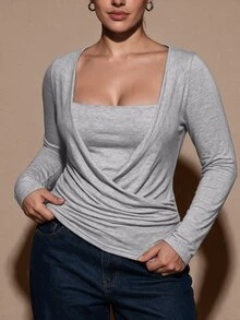 SHEIN BAE CURVE Plus Size Women's Grey Pleated Long Sleeve 2 In 1 Casual T-Shirt Fall - Grey - View 2