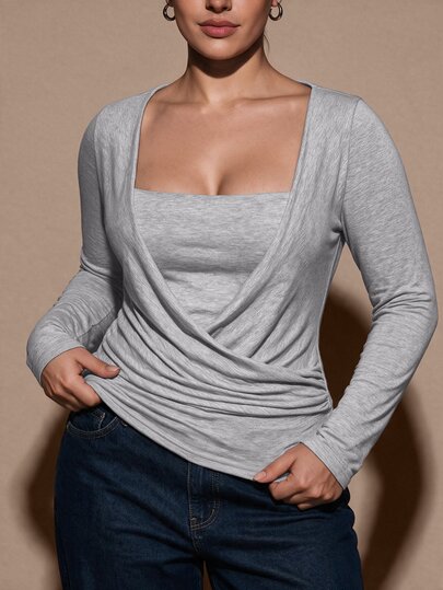 SHEIN BAE CURVE Plus Size Women's Grey Pleated Long Sleeve 2 In 1 Casual T-Shirt Fall
