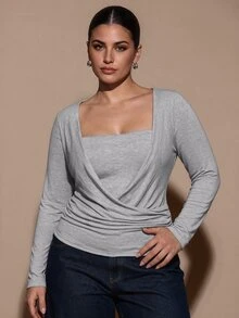 SHEIN BAE CURVE Plus Size Women's Grey Pleated Long Sleeve 2 In 1 Casual T-Shirt Fall - Grey - View 5