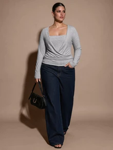 SHEIN BAE CURVE Plus Size Women's Grey Pleated Long Sleeve 2 In 1 Casual T-Shirt Fall - Grey - View 7