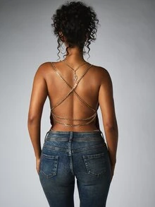 BABYPHAT ملابس علوية كامي قصيرة بدون أكمام بياقة كول مع أحزمة سلسلة ذهبية وتفاصيل ظهر مفتوح متقاطع للخروج الليلي وموسم الحفلات - بني مصدي - مشاهدة 1