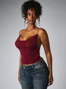 BABYPHAT ملابس علوية كامي قصيرة بدون أكمام بياقة كول مع أحزمة سلسلة ذهبية وتفاصيل ظهر مفتوح متقاطع للخروج الليلي وموسم الحفلات - بني مصدي - مشاهدة 2
