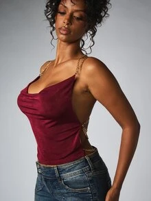 BABYPHAT ملابس علوية كامي قصيرة بدون أكمام بياقة كول مع أحزمة سلسلة ذهبية وتفاصيل ظهر مفتوح متقاطع للخروج الليلي وموسم الحفلات - بني مصدي - مشاهدة 5