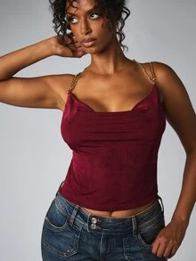 BABYPHAT ملابس علوية كامي قصيرة بدون أكمام بياقة كول مع أحزمة سلسلة ذهبية وتفاصيل ظهر مفتوح متقاطع للخروج الليلي وموسم الحفلات - بني مصدي - مشاهدة 4