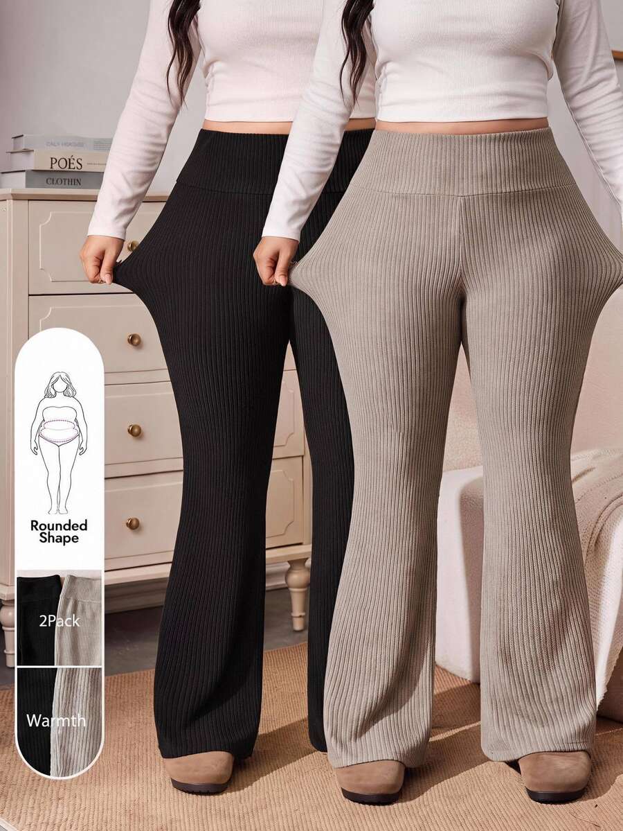Enliva Plus-Size Women's Casual Two Pieces Trousers In Black And Beige, With PocketsApple,Rounded Body - Multicolor - View 1