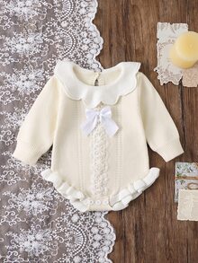 SHEIN Baby Baby Romper White Long Sleeve Scalloped Collar Lace Bow Ruffle Trim Knit Baby Romper - White - View 7