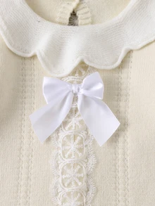 SHEIN Baby Baby Romper White Long Sleeve Scalloped Collar Lace Bow Ruffle Trim Knit Baby Romper - White - View 3