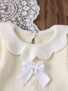 SHEIN Baby Baby Romper White Long Sleeve Scalloped Collar Lace Bow Ruffle Trim Knit Baby Romper - White - View 6