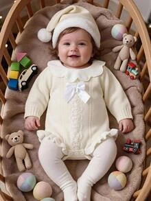 SHEIN Baby Baby Romper White Long Sleeve Scalloped Collar Lace Bow Ruffle Trim Knit Baby Romper - White - View 1