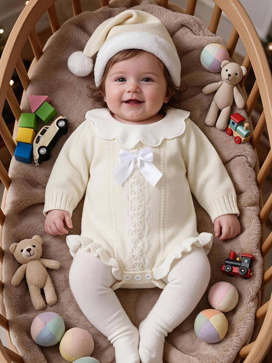 SHEIN Baby Baby Romper White Long Sleeve Scalloped Collar Lace Bow Ruffle Trim Knit Baby Romper - White - View 1