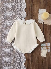 SHEIN Baby Baby Romper White Long Sleeve Scalloped Collar Lace Bow Ruffle Trim Knit Baby Romper - White - View 2