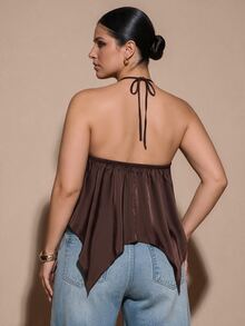 SHEIN BAE CURVE Plus Size Women's Brown Lace-Up Top, Elegant & Sexy, Casual Vacation Halter Neck Backless Asymmetrical Hem Yellow Solid Satin Tank Top, Satin Tank Top - Brown - View 5