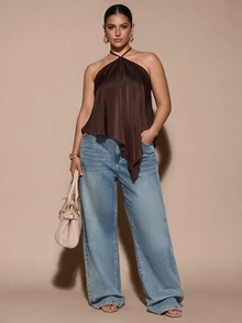 SHEIN BAE CURVE Plus Size Women's Brown Lace-Up Top, Elegant & Sexy, Casual Vacation Halter Neck Backless Asymmetrical Hem Yellow Solid Satin Tank Top, Satin Tank Top - Brown - View 6