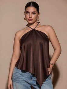 SHEIN BAE CURVE Plus Size Women's Brown Lace-Up Top, Elegant & Sexy, Casual Vacation Halter Neck Backless Asymmetrical Hem Yellow Solid Satin Tank Top, Satin Tank Top - Brown - View 2