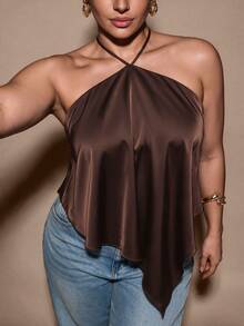 SHEIN BAE CURVE Plus Size Women's Brown Lace-Up Top, Elegant & Sexy, Casual Vacation Halter Neck Backless Asymmetrical Hem Yellow Solid Satin Tank Top, Satin Tank Top - Brown - View 4
