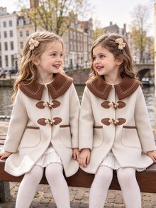 Elladie kids 少女復古學院風純色大衣，對比色水手領與牛角扣裝飾，秋冬羊毛外套 - 卡其色 - 查看 1