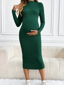 SHEIN Maternity Solid Color Stand Collar Long Sleeve Fitted Ribbed Knit Dress Fall - Dark Green - View 3