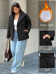 Easura Plus Size Women Solid Color Long Sleeve Waist Tie Casual Winter Jacket - Black - View 6