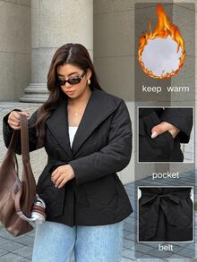 Easura Plus Size Women Solid Color Long Sleeve Waist Tie Casual Winter Jacket - Black - View 3