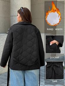 Easura Plus Size Women Solid Color Long Sleeve Waist Tie Casual Winter Jacket - Black - View 2
