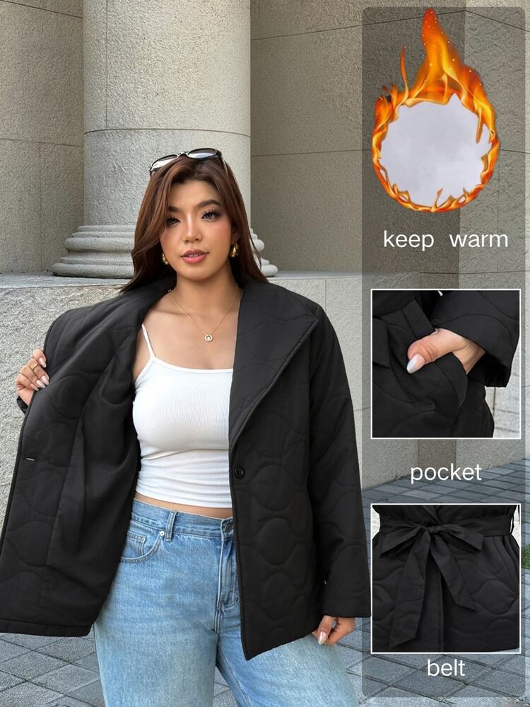Easura Plus Size Women Solid Color Long Sleeve Waist Tie Casual Winter Jacket - Black - View 7