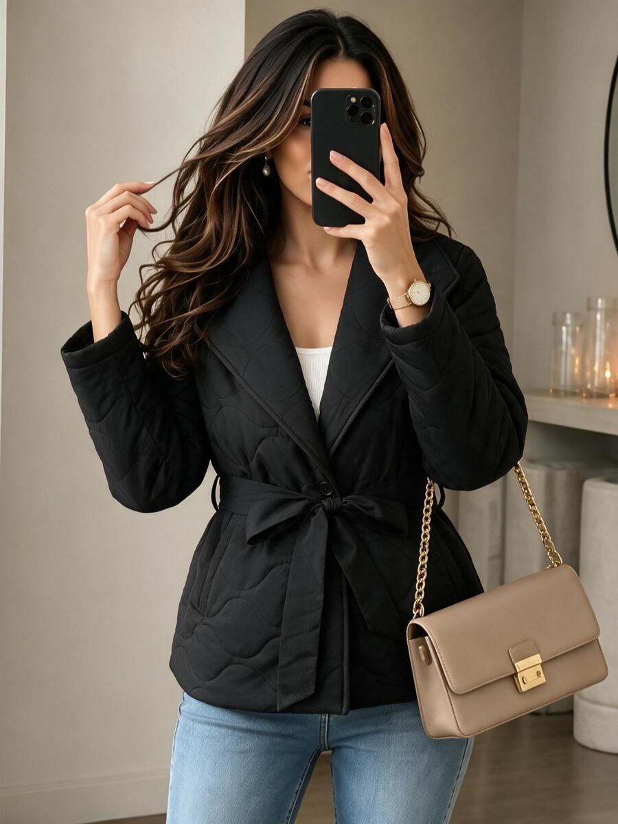 Easura Plus Size Women Solid Color Long Sleeve Waist Tie Casual Winter Jacket - Black - View 1