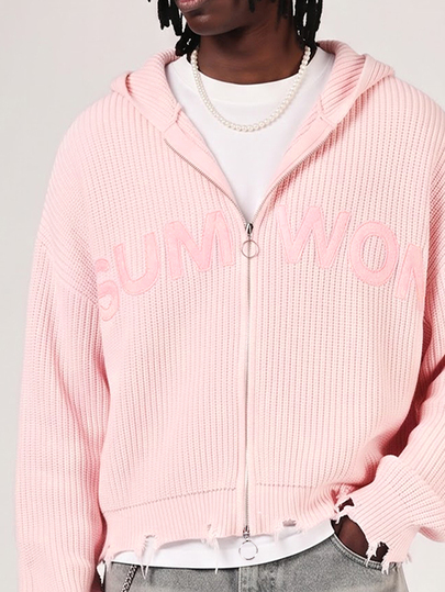 SUMWON Oversized Full Zip Knit Hoodie With Chunky Ribbed Texture And Bold Front Logo Print For Winter And Fall