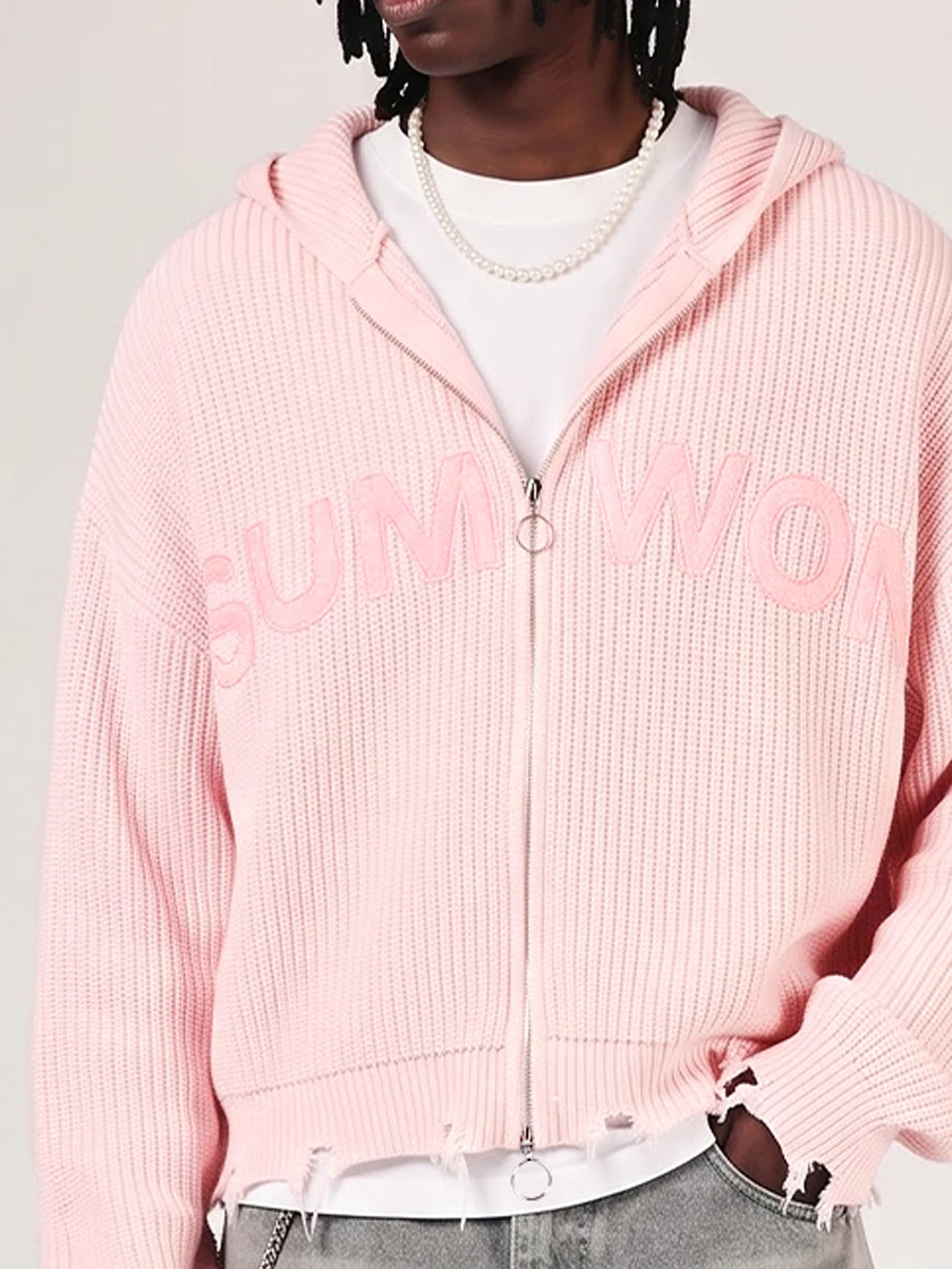 SUMWON Oversized Full Zip Knit Hoodie With Chunky Ribbed Texture And Bold Front Logo Print For Winter And Fall - Pink - View 1