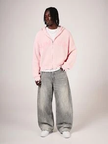 SUMWON Oversized Full Zip Knit Hoodie With Chunky Ribbed Texture And Bold Front Logo Print For Winter And Fall - Pink - View 6