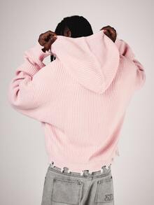 SUMWON Oversized Full Zip Knit Hoodie With Chunky Ribbed Texture And Bold Front Logo Print For Winter And Fall - Pink - View 3