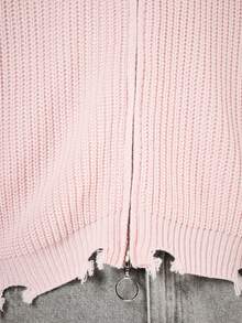 SUMWON Oversized Full Zip Knit Hoodie With Chunky Ribbed Texture And Bold Front Logo Print For Winter And Fall - Pink - View 7