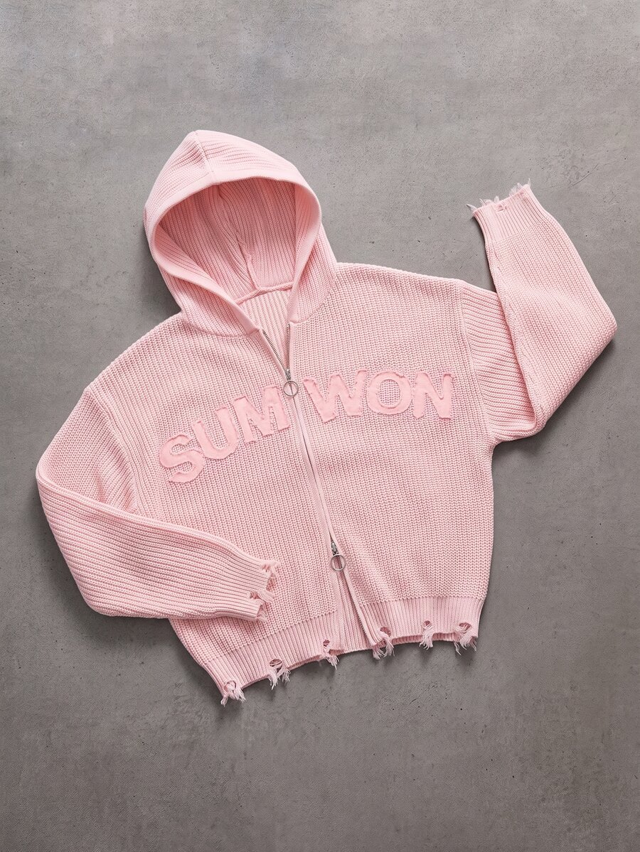 SUMWON Hoodie Rajut Ukuran Besar dengan Resleting Penuh, Tekstur Ribbed Tebal, dan Cetakan Logo Depan yang Mencolok untuk Musim Dingin dan Gugur - Berwarna merah muda - View 1