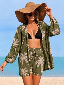 Swim Lushoire Women's Beach Vacation Outfit, Mesh Fabric Coconut Tree Print Long Sleeve Cover Up Top, Printed Drawstring Shorts, Coverup Set - Green - View 3
