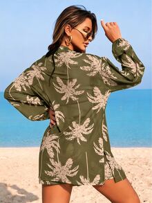 Swim Lushoire Women's Beach Vacation Outfit, Mesh Fabric Coconut Tree Print Long Sleeve Cover Up Top, Printed Drawstring Shorts, Coverup Set - Green - View 2