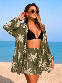 Swim Lushoire Women's Beach Vacation Outfit, Mesh Fabric Coconut Tree Print Long Sleeve Cover Up Top, Printed Drawstring Shorts, Coverup Set - Green - View 4