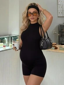 SHEIN 孕婦純色休閒寬鬆版型日常運動連身褲 拍照用 夏季黑色 - 黑色 - 查看 7