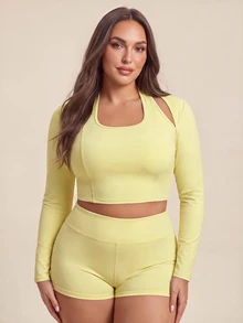 Rhythm Era Women's Plus Size Solid Color Casual Daily Travel Sports T-Shirt Fall - Yellow - View 4