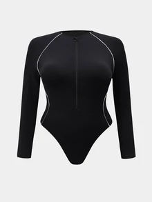 Rhythm Era Women's Plus Size Raglan Long Sleeve Zipper Front Sports Jumpsuit Winter - Black and White - View 6