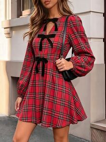 SHEIN PariChic Women's Minimalist Plaid Colorblock Dress - Red - View 4