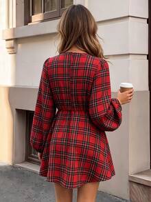 SHEIN PariChic Women's Minimalist Plaid Colorblock Dress - Red - View 3