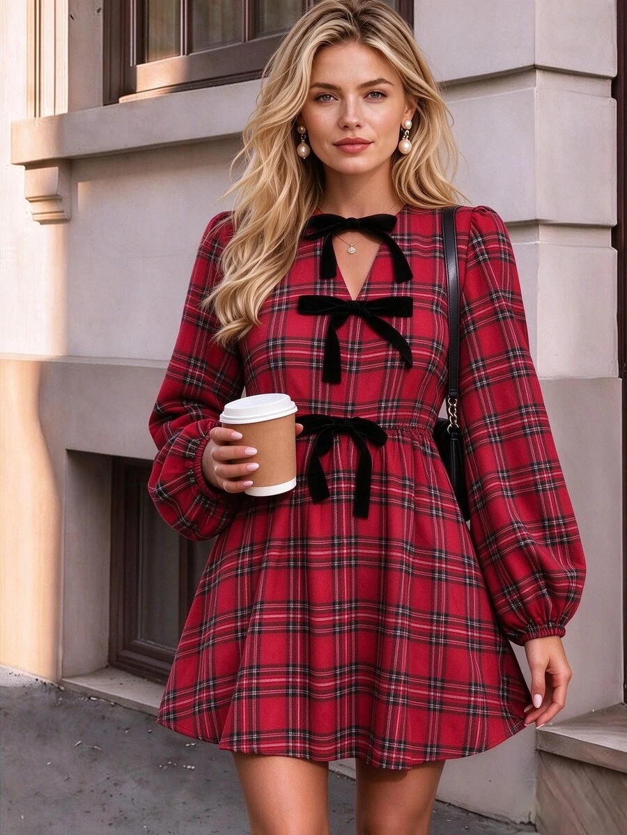 SHEIN PariChic Women's Minimalist Plaid Colorblock Dress - Red - View 1